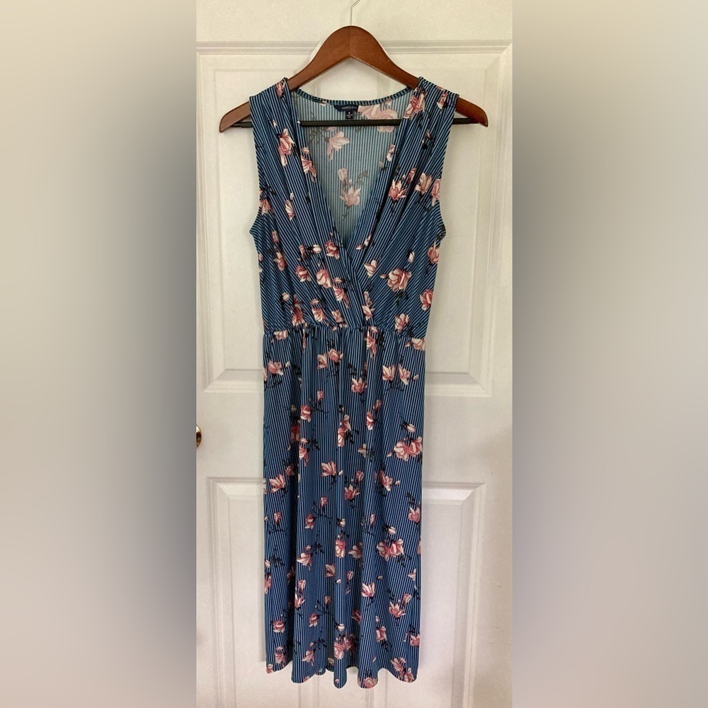 Modcloth dress blue and black stripe with floral motif - size S